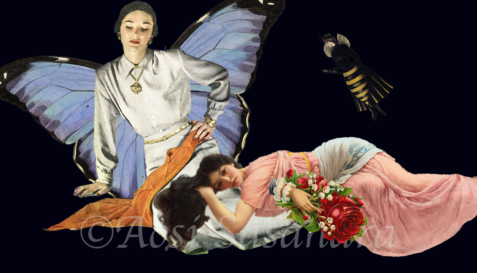 蝶の女に膝枕してもらっている人間の女性を見つめている蜂女
